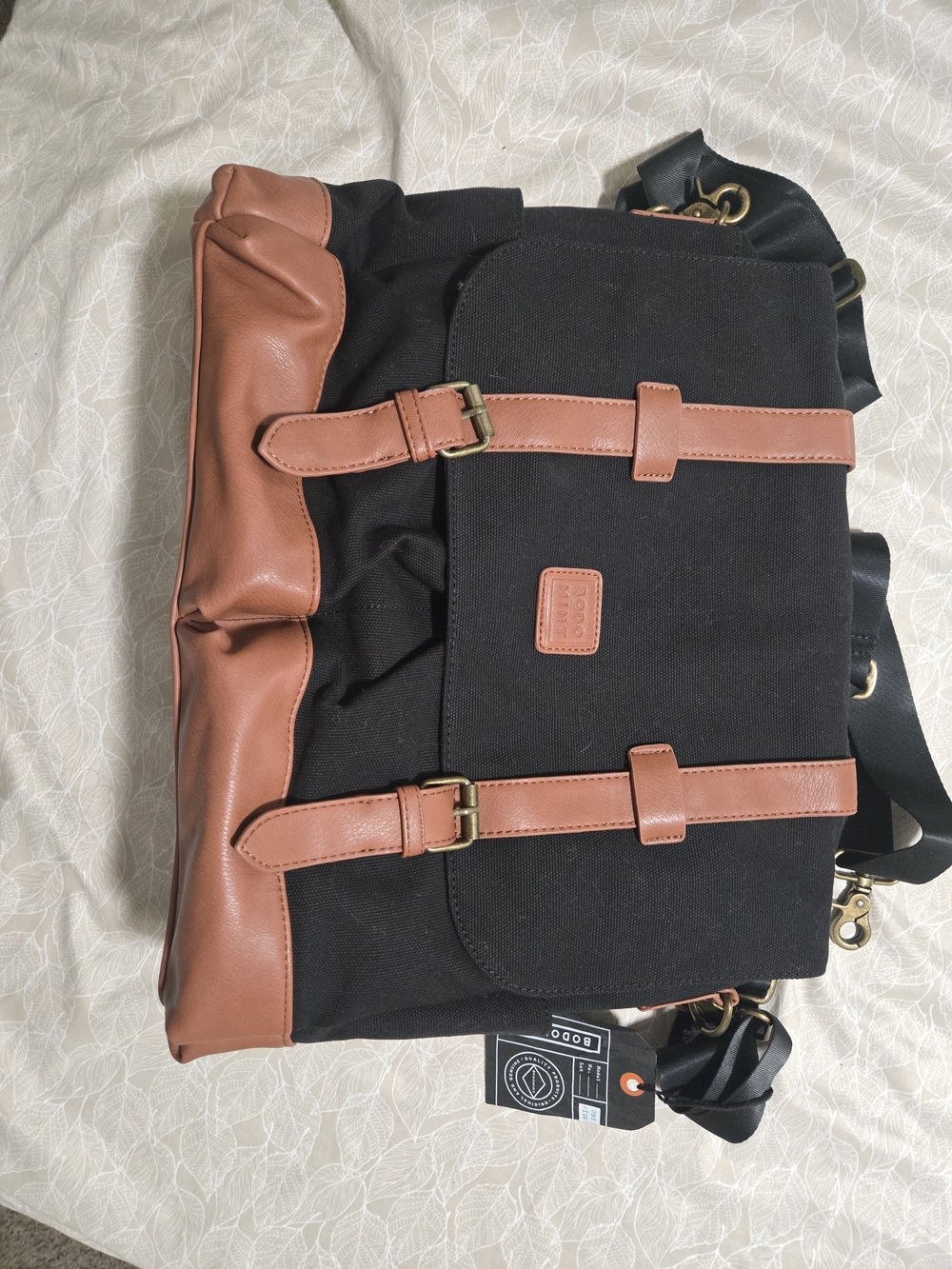 NWT Bodomint Black canvas and brown leather diaper bag!